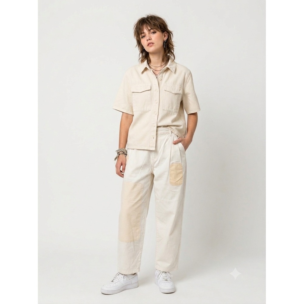 New Zara Shirt Large Button Down Short Sleeve Denim Utility Cargo Boxy Cotton